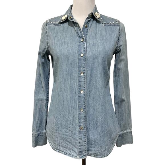 Draper James Women's Embellished Denim Top Pearl Snaps Blue 100% Cotton Size 2 - Picture 1 of 10